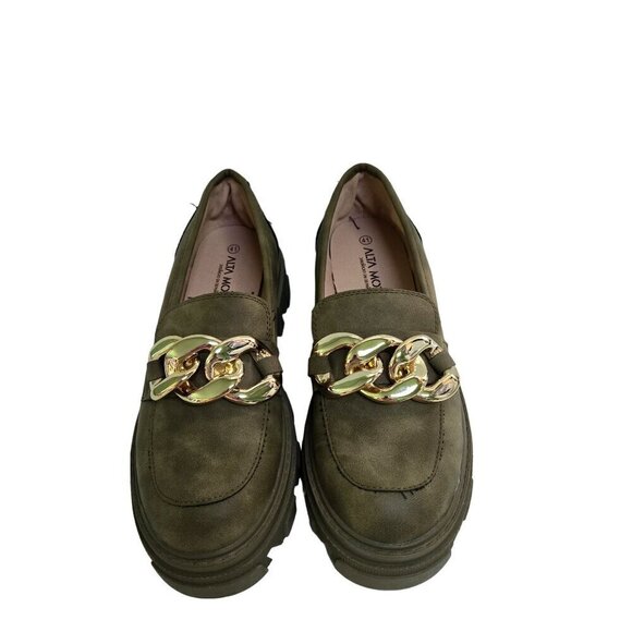 Alta Moda Super Chunky Olive Green Gold Chain Vegan Leather Loafers Size 41 - Picture 3 of 8